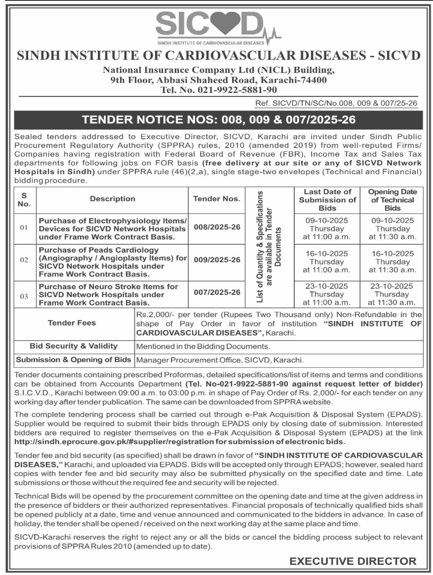 Sindh Institute of Cardiovascular Diseases Karachi Tender Notice